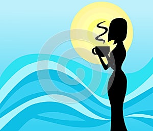 Drinkig woman silhouette on blue background