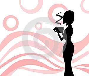 Drinkig woman silhouette in pink background