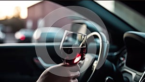 drinking alcohol while driving, drunk driver holding a glass of wine generative ai