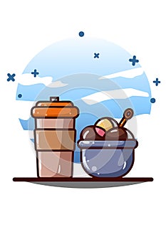 Drinking bottle and ice cream cup cartoon illustration