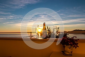 Drinking champagne with scenic view from a luxury apartment on the Mediterranean Sea in Praiano, Amalfi Coast, Italy, Europe.