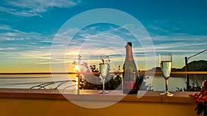 Drinking champagne with scenic view from a luxury apartment on the Mediterranean Sea in Praiano, Amalfi Coast, Italy, Europe.