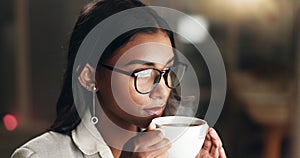 Drinking coffee, night and business woman working at office with computer data for job. Female professional, tea and