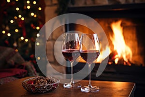 Drinking a glass of red wine in front of fireplace. Relaxing by the fire in cozy living room on winter day. Celebrating Christmas