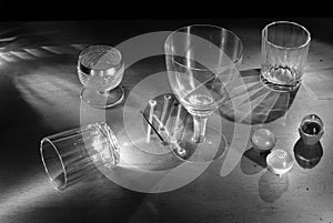 drinking glasses still life, black and white,free copy space