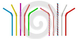 Drinking straw. Realistic classic plastic striped and colorful direct and bended drinking straws isolated objects 3d