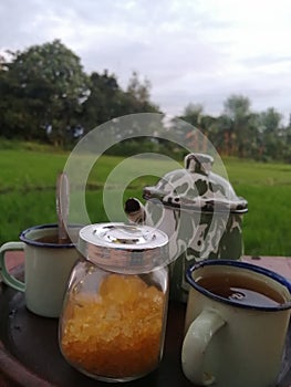 Drinking tea in the rice fields