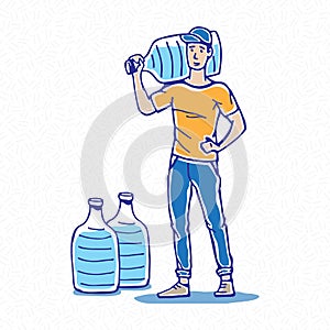 Drinking water deliveryman carrier hand drawn vector illustration