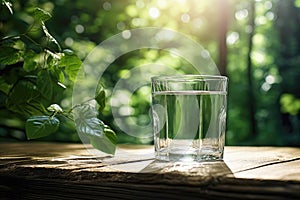 drinking water in glass on table with green background