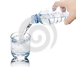 Drinking water is poured from a bottle into a glass