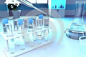 Drinking water quality test for viruses like covid-2019 concept - lab test-tubes in modern science research clinic, medical 3D