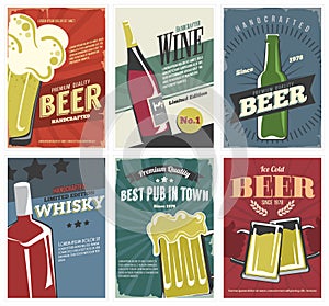 Drinks 6 Posters set in retro style. Vintage labels collection for bar, pub, cafe and more.