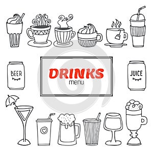 Drinks and beverages hand drawn vector set. Drinks menu collection