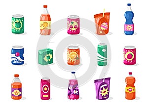 Drinks in bottles and cans. Cartoon aluminum, glass and plastic cans with different beverages, energy drink, alcohol