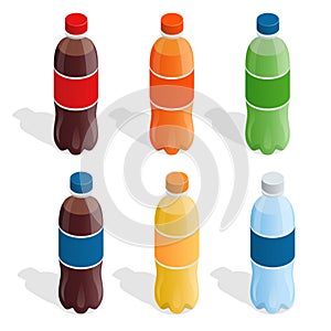 Drinks in bottles. Set of refreshing drinks in plastic bottles. Summer drinks Flat 3d vector isometric illustration.