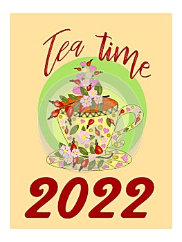 Drinks calendar 2022: with seasonal dessert drawings of various tea, coffee, cocoa. Fruits, berries, cakes, tea, mulled