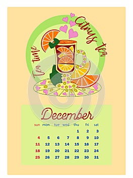 Drinks calendar 2022: with seasonal dessert drawings of various tea, coffee, cocoa. Fruits, berries, cakes, tea, mulled