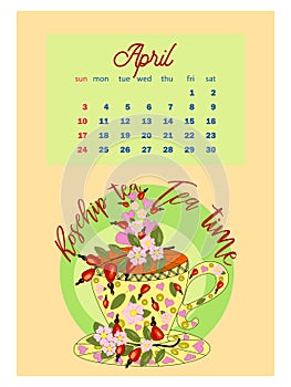 Drinks calendar 2022: with seasonal dessert drawings of various tea, coffee, cocoa. Fruits, berries, cakes, tea, mulled