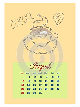 Drinks calendar 2022: with seasonal dessert drawings of various tea, coffee, cocoa. Fruits, berries, cakes, tea, mulled