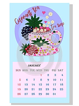 Drinks calendar: with seasonal dessert drawings of various tea, coffee, cocoa. Teas with prescription ingredients