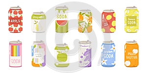 Drinks in cans, different soda beverage can. Juicy limonade packaging design, fizzy soft refreshing juice. Summer party