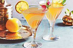 Drinks, cocktails and holiday party celebration recipe, citrus cocktail in martini glasses, generative ai