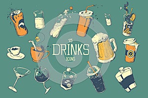Drinks and cocktails icon set in hand drawing style. Vector illustration.
