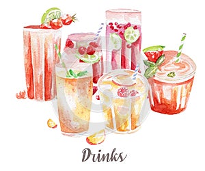 Drinks and cocktails illustration. Hand drawn watercolor on white background.