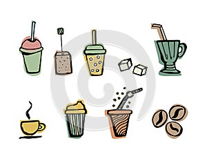 Drinks coffee and tea set hand drawn doodle. Vector