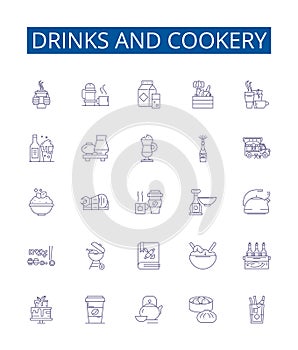 Drinks and cookery line icons signs set. Design collection of Beverages, Cuisine, Cocktails, Smoothies, Dishes, Recipes