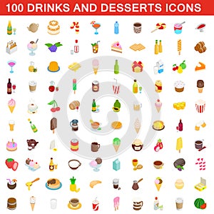 100 drinks and desserts icons set, isometric style