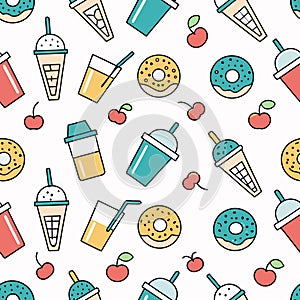 Drinks and donuts repeat pattern with cherries