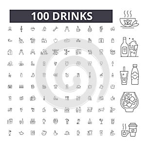 Drinks editable line icons, 100 vector set, collection. Drinks black outline illustrations, signs, symbols