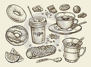 Drinks and food. Hand drawn coffee, tea, cup, dessert, candy, chocolate, eclair, cake, doughnut, donut. Sketch vector photo