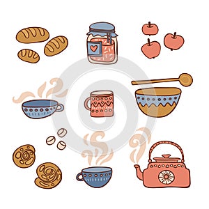 Drinks and hot food hand drawn color icons set on white