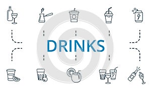 Drinks icon set. Collection of simple elements such as the coconat cocktail, whiskey, 13, turkish coffee, juice, drink