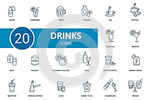 Drinks icon set. Collection of simple elements such as the water, lemonade, beer, martini, milk, coconat cocktail