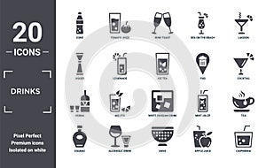 drinks icon set. include creative elements as coke, lagoon, pub, white russian drink, alcoholic drink, vodka filled icons can be
