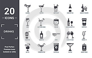 drinks icon set. include creative elements as daiquiri, bunch of grapes, glass and bottle of wine, sieve, cosmopolitan, smoothie