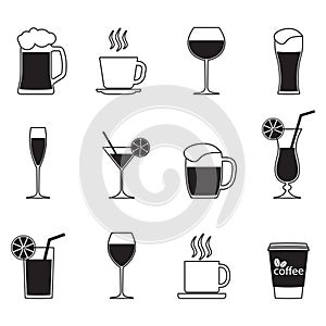 Drinks icons set. Alcoholic and non-alcoholic beverage isolated on white background. Vector illustration.