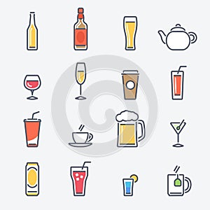 Drinks Icons Set. Trendy Thin Line Design with Flat Elements.