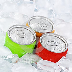 Drinks lemonade cola drink softdrinks in cans with ice cubes square