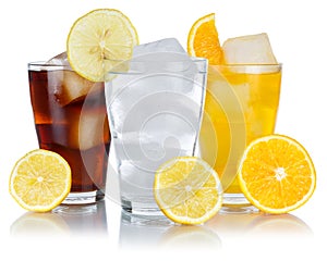 Drinks lemonade cola drink softdrinks glass with lemon isolated on white