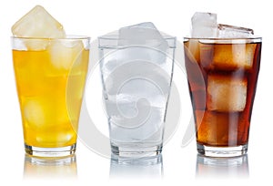 Drinks lemonade cola drink softdrinks glass in a row isolated on white