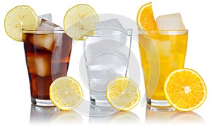 Drinks lemonade cola drink softdrinks glass in a row with lemon isolated on white