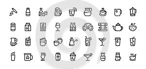 Drinks line icons. Coffee tea and alcoholic beverages, beer champagne cocktails, water in bottle and glass, milk. Vector