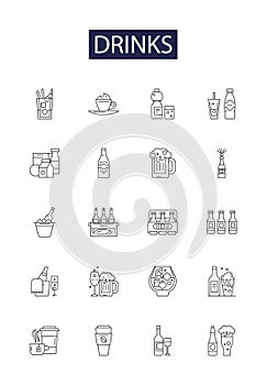 Drinks line vector icons and signs. Alcohol, Cocktail, Soda, Smoothie, Juice, Tea, Coffee, Gatorade outline vector