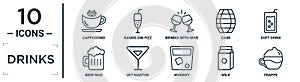 drinks linear icon set. includes thin line cappuccino, brindis with wine glasses, soft drink, 007 martini, milk, frappe, beer mug photo