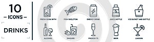 drinks linear icon set. includes thin line fresh soda with lemon slice and straw, energy drink, ice bucket and bottle, daiquiri,