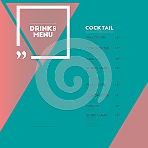 Drinks menu. Cocktail. Triangle, square and quotes.